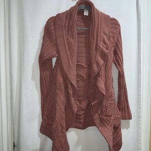 Venus open front cardigan Sz M waterfall collar shark bite hem cable detail